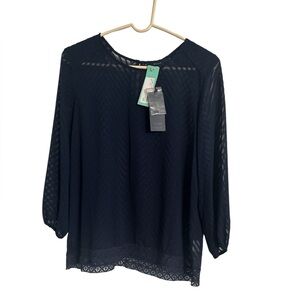 NWT Navy Blue Sheer Blouse with 3/4 Sleeves